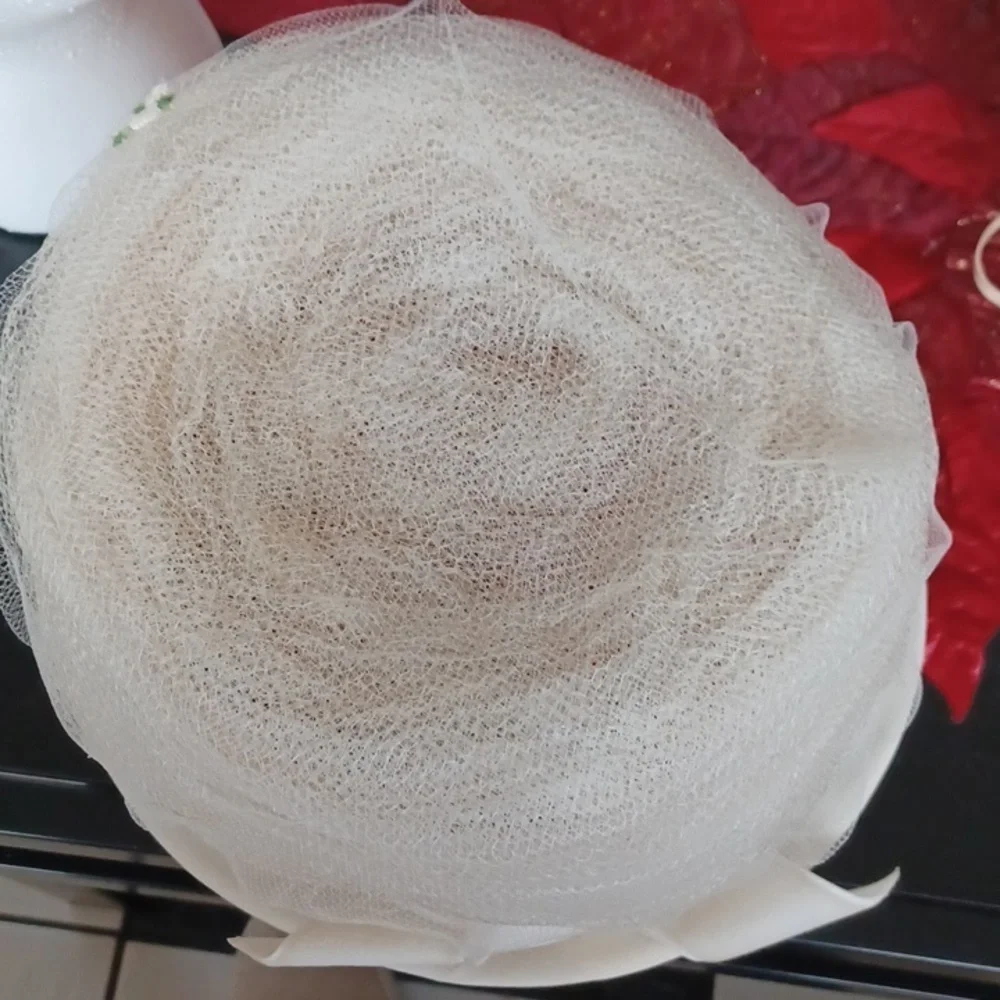 Vintage 50’s 60’s Church Pillbox Style Hat With Flowers, velvet ribbon & netting